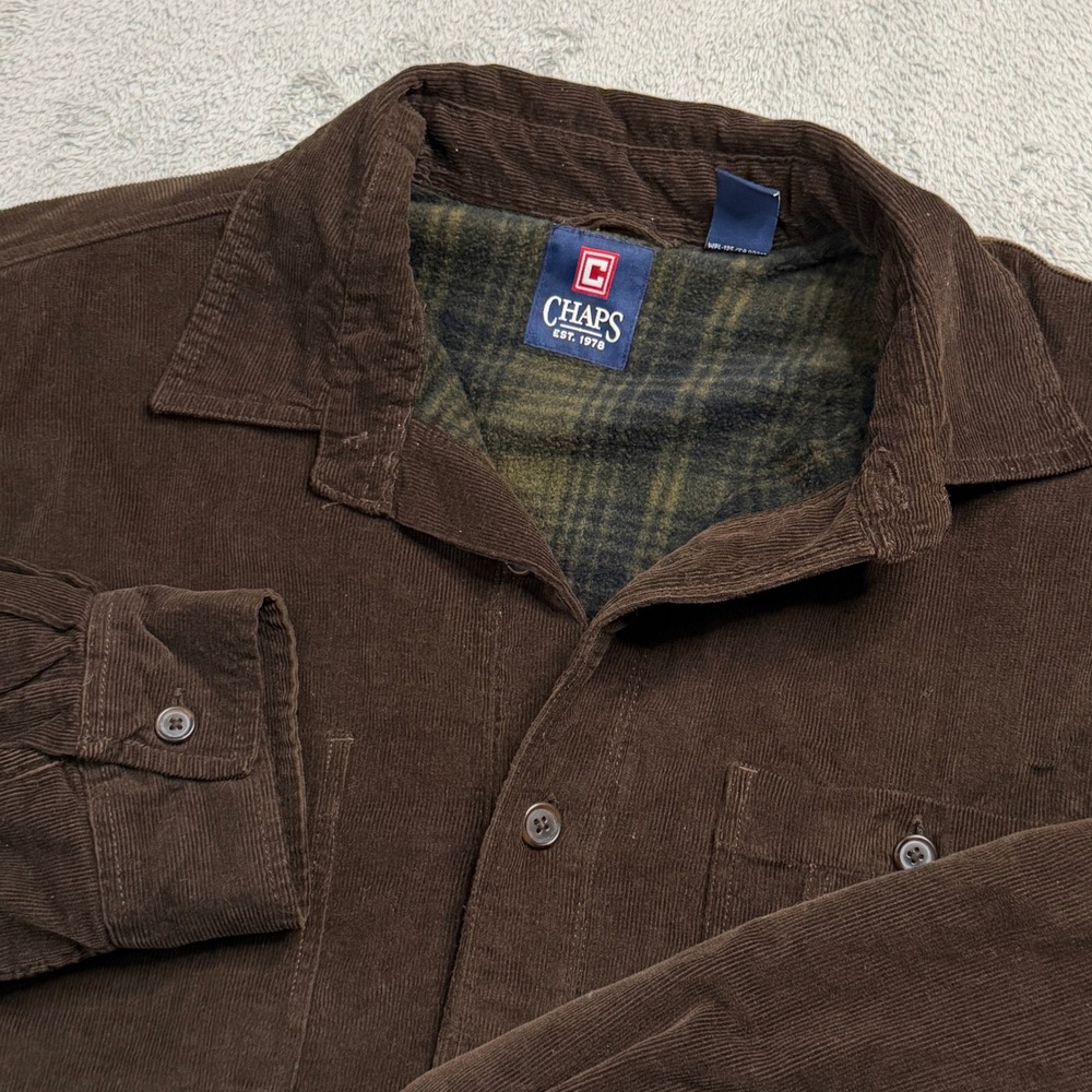Chaps Mens XL Corduroy Shirt Jacket Brown Plaid Fleece Lined Button Up HG-52